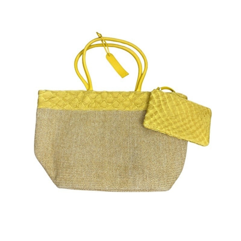 Piper & Skye Rio Beach Bag in Honey Yellow Pirarucu Leather Raffia Large Tote - Picture 4 of 9